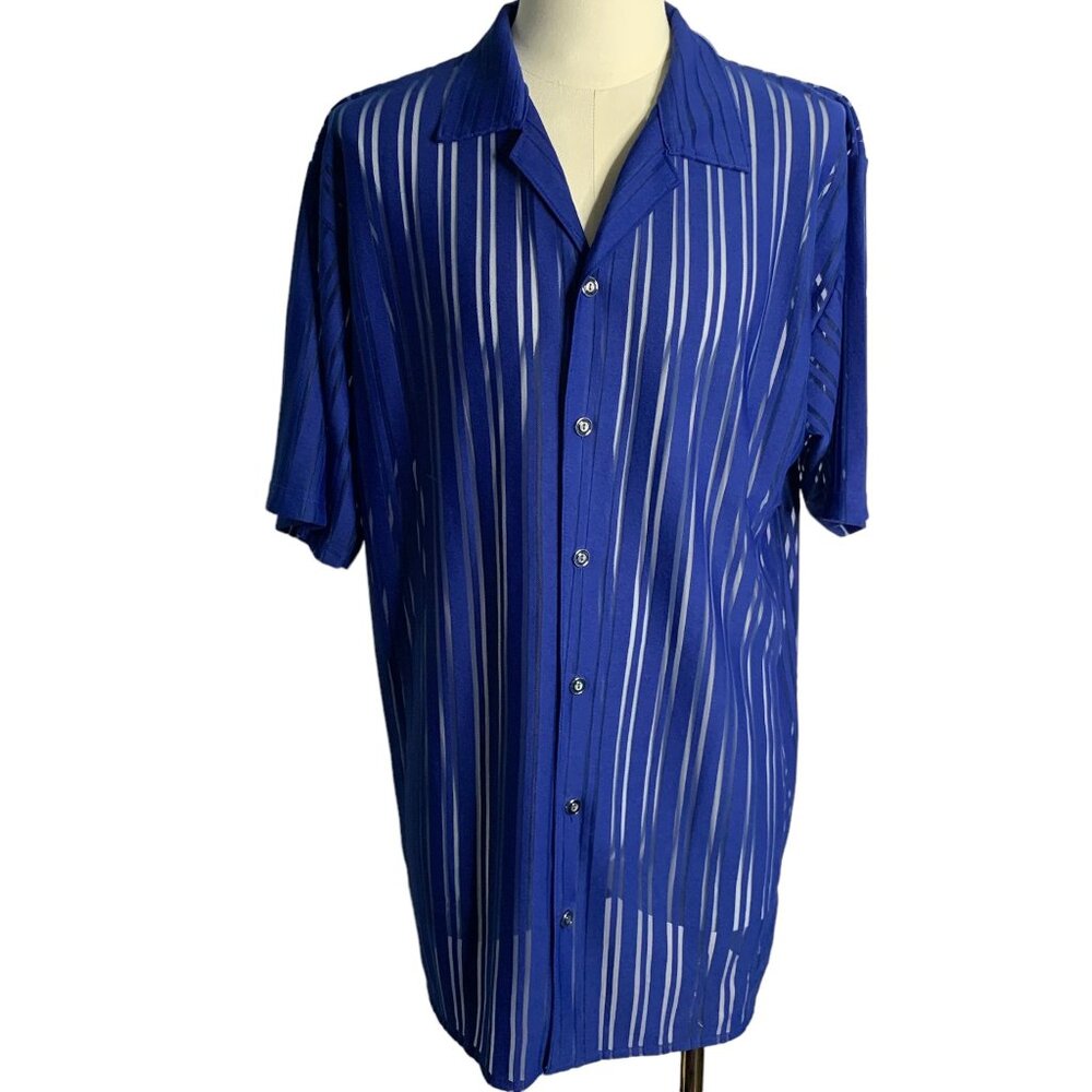 Vintage 90s Trust Couture Sheer Club Shirt L Blue Striped Button Up Short Sleeve